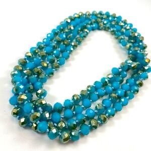 Stunning Unsigned Blue Gold Glass Rondelle Faceted Beaded Knotted Necklace 60”